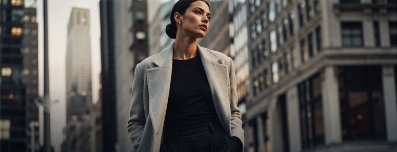 DKNY — woman in grey coat against New York city backdrop