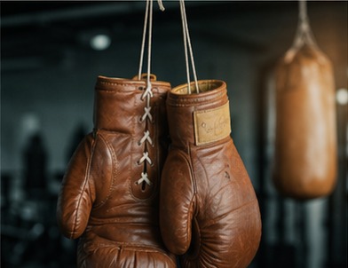 Everlast vintage boxing gloves hanging in a gym