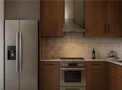 Frigidaire — warm-toned kitchen with stainless appliances