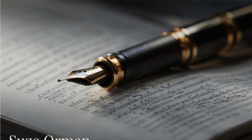 Fountain pen resting on an open ledger — financial authority